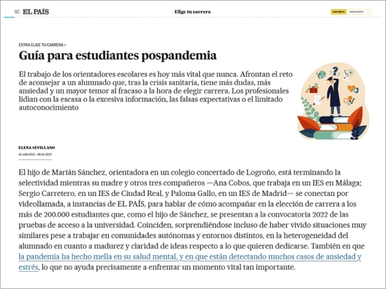 "Gu&iacute;a para estudiantes pospandemia", un art&iacute;culo de El Pa&iacute;s sobre la importancia de la orientaci&oacute;n escolar