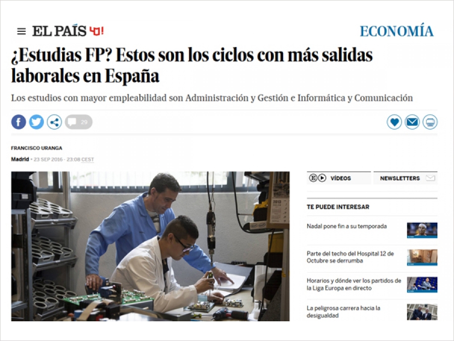 Art&iacute;culo sobre los ciclos de FP con m&aacute;s salidas laborales en Espa&ntilde;a
