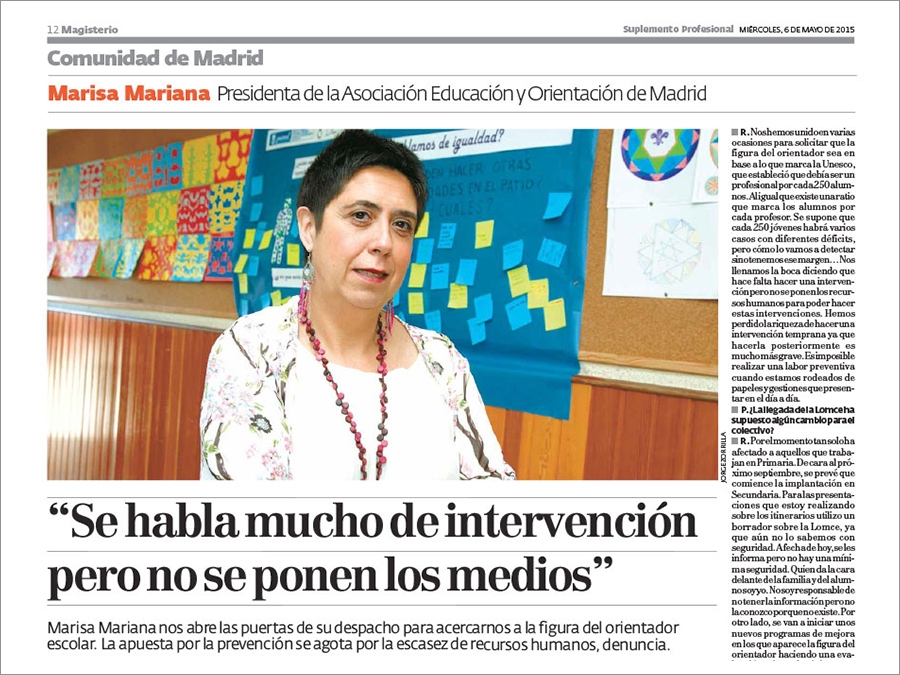 Entrevista a Marisa Mariana, presidenta de Orientaci&oacute;n y Educaci&oacute;n Madrid, en la revista Magisterio